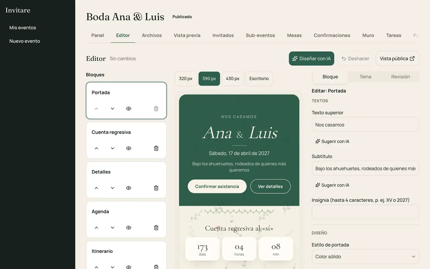 Editor de Invitare: lista de bloques a la izquierda y vista previa en celular de la boda de Ana y Luis