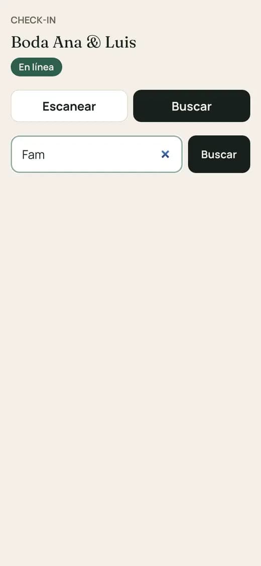 App de check-in en el celular con búsqueda de familias
