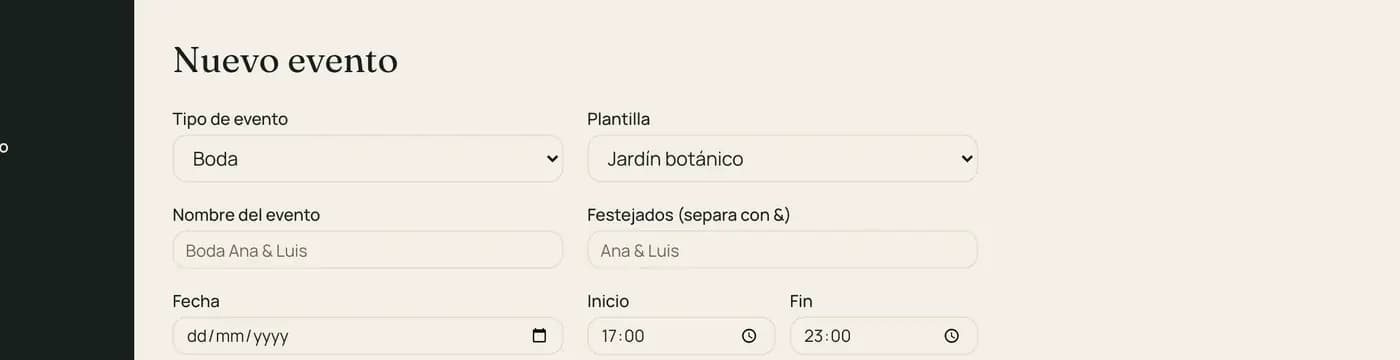 Formulario Nuevo evento con tipo de evento, plantilla, festejados, fecha, horario y lugar