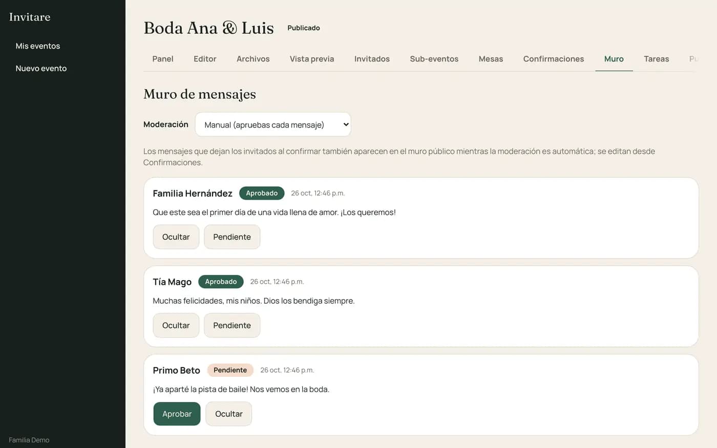 Muro de mensajes con botones Aprobar, Ocultar y Pendiente