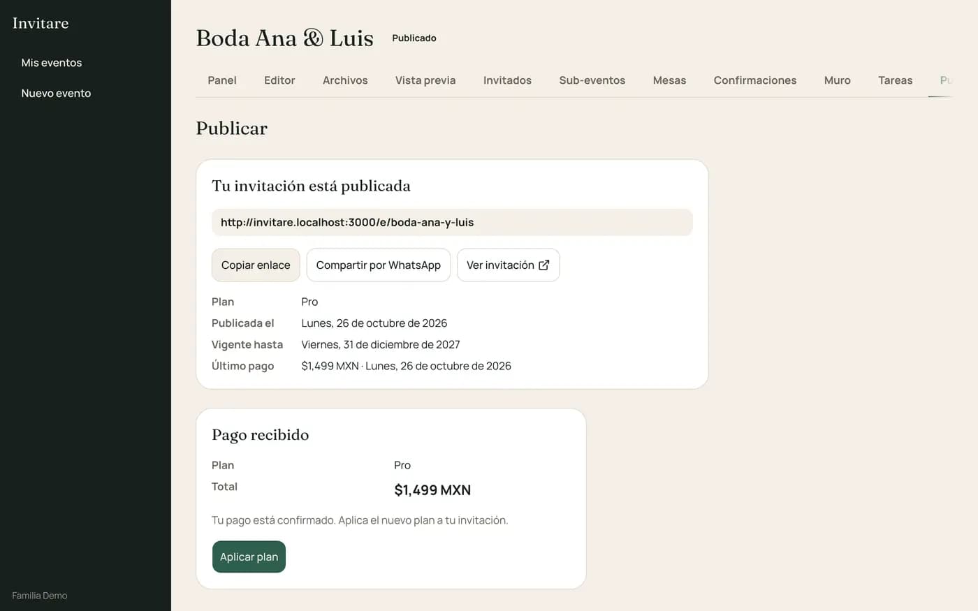 Pantalla Publicar con la dirección de la invitación, botón Compartir por WhatsApp y pago recibido