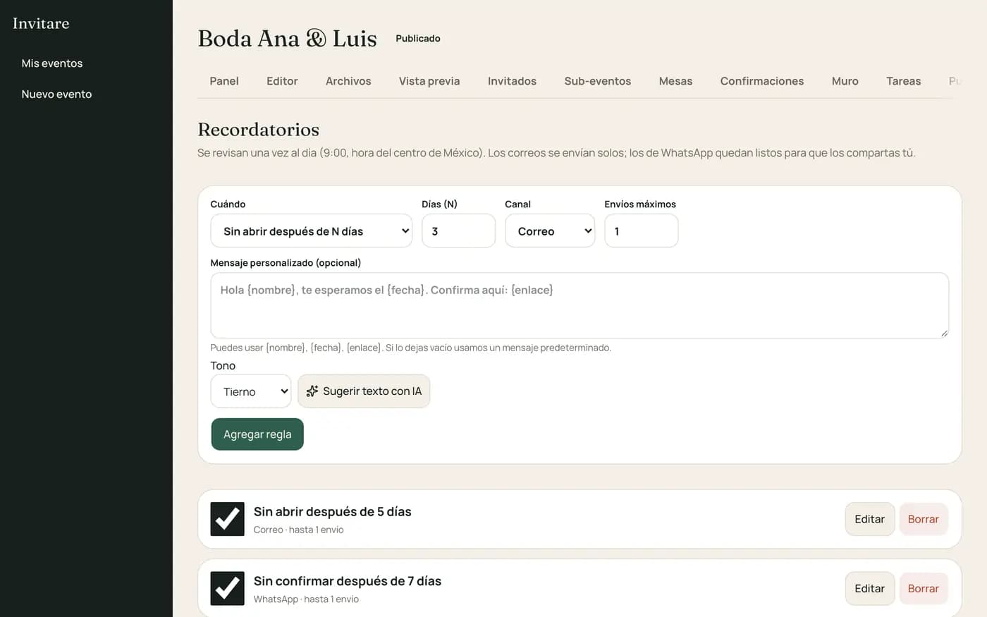Recordatorios con reglas por correo y por WhatsApp