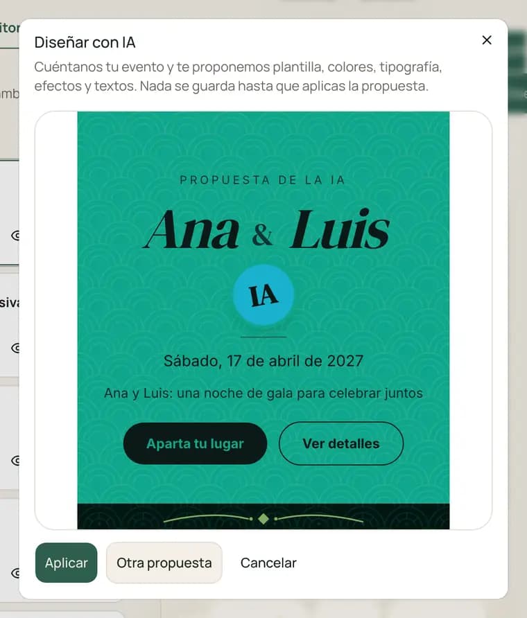 Diálogo Diseñar con IA mostrando una propuesta de portada con botones Aplicar y Otra propuesta